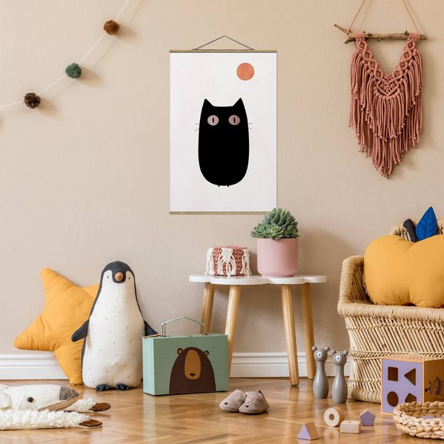 Fabric print with poster hangers - Black Cat Illustration