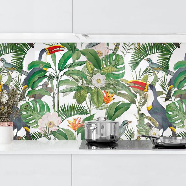 Kitchen splashback flower Tropical Toucan With Monstera And Palm Leaves