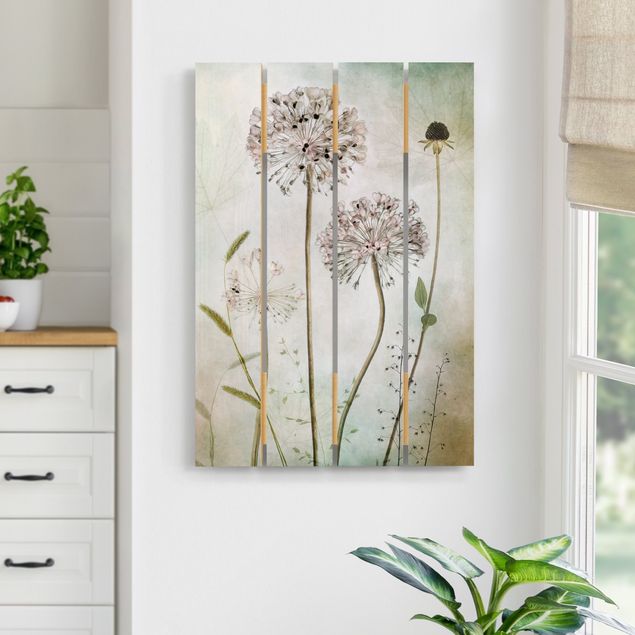 Print on wood - Allium flowers in pastel