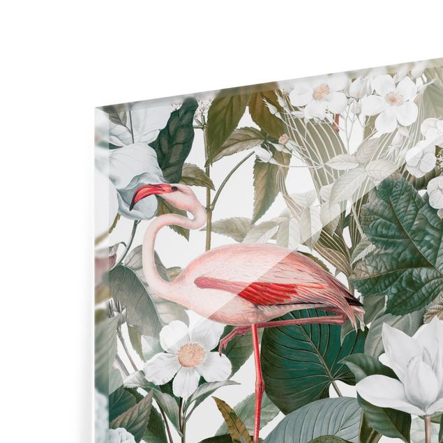 Splashback - Pink Flamingos With Leaves And White Flowers - Square 1:1