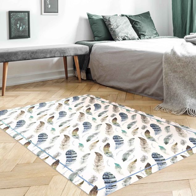 Modern rugs Boho Watercolour Feathers In Earthy Colours With Frame