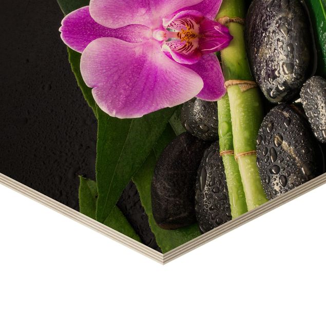 Hexagon Picture Wood - Green Bamboo With Orchid Blossom