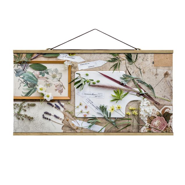 Fabric print with poster hangers - Flowers And Garden Herbs Vintage