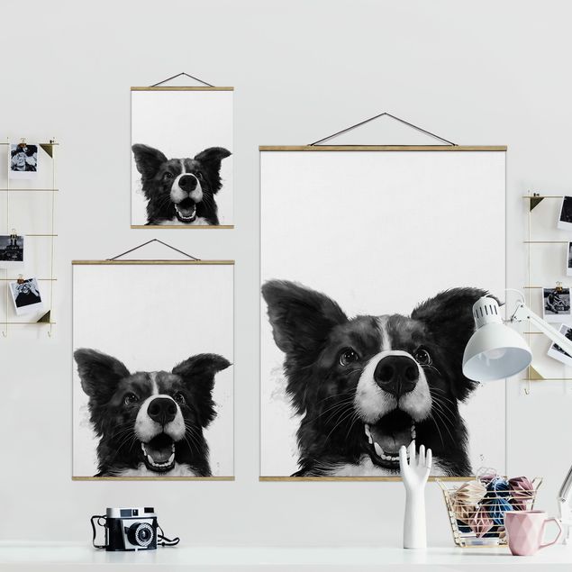 Fabric print with poster hangers - Illustration Dog Border Collie Black And White Painting