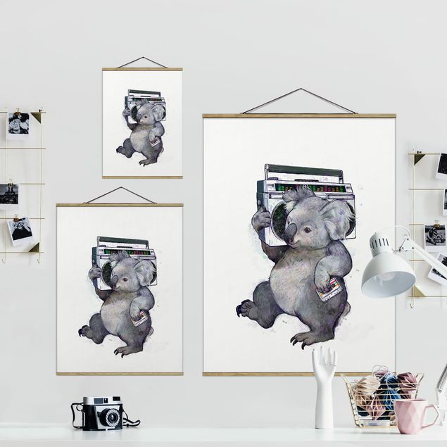 Fabric print with poster hangers - Illustration Koala With Radio Painting
