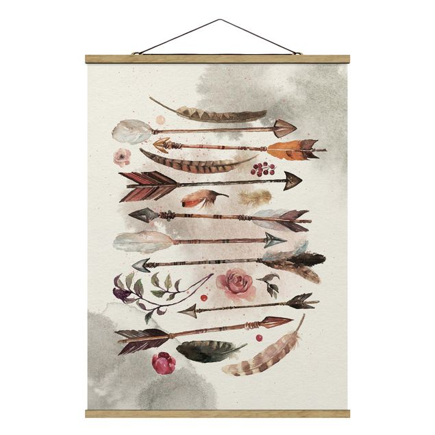 Fabric print with poster hangers - Boho Arrows And Feathers - Watercolour