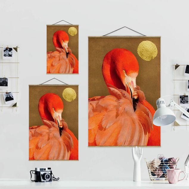 Fabric print with poster hangers - Golden Moon With Flamingo