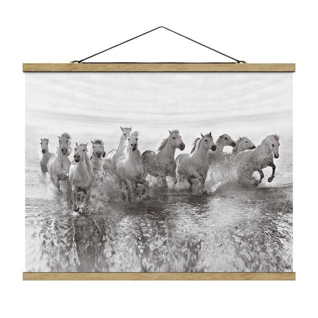 Fabric print with poster hangers - White Horses In The Ocean