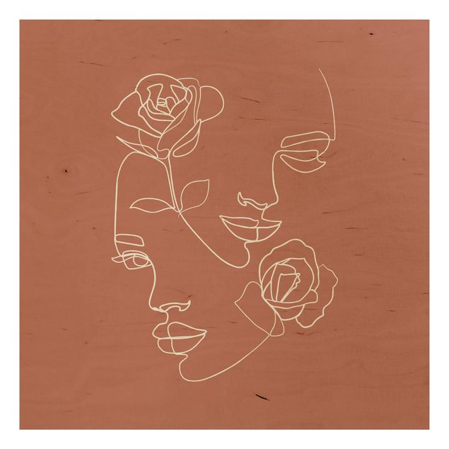 Print on wood - Line Art Faces Women Roses Copper
