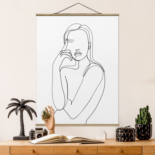 Fabric print with poster hangers - Line Art Pensive Woman Black And White