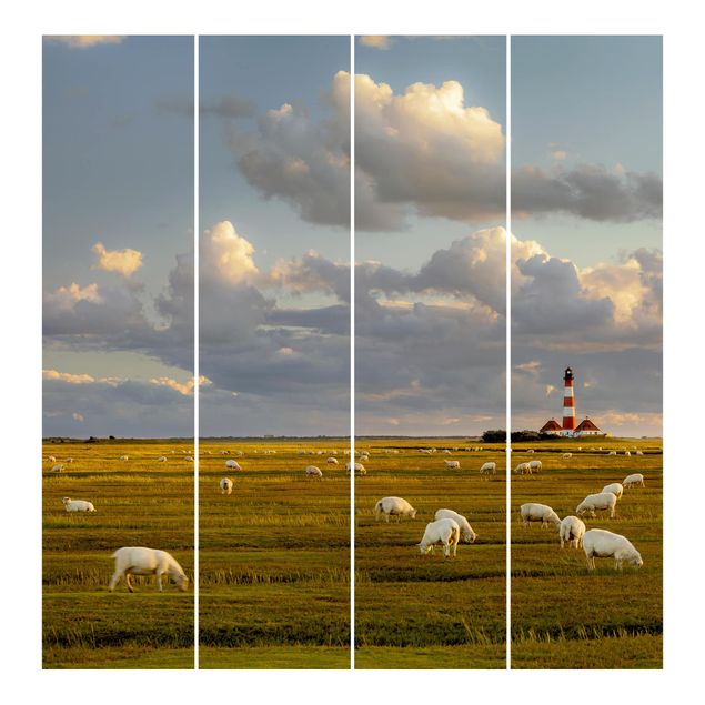 Sliding panel curtains set - North Sea Lighthouse With Flock Of Sheep