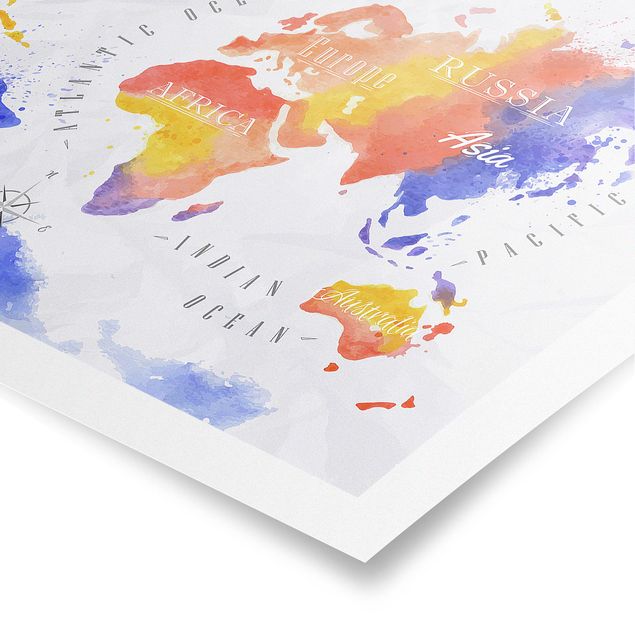 Poster - World Map Watercolour Purple Red Yellow