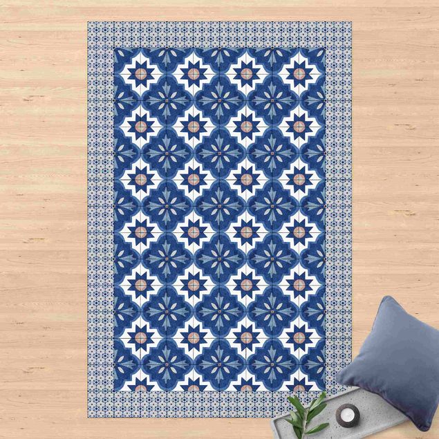 balcony mat Moroccan Tiles Watercolour Blue With Tile Frame