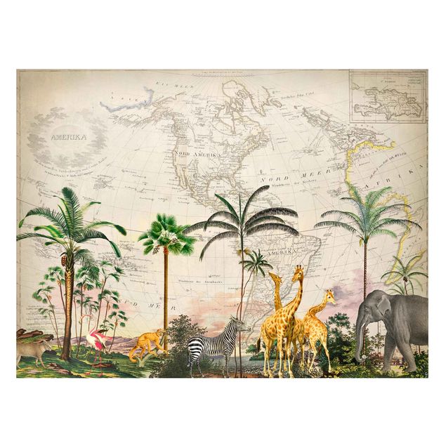Magnetic memo board - Vintage Collage - Wildlife On World Map