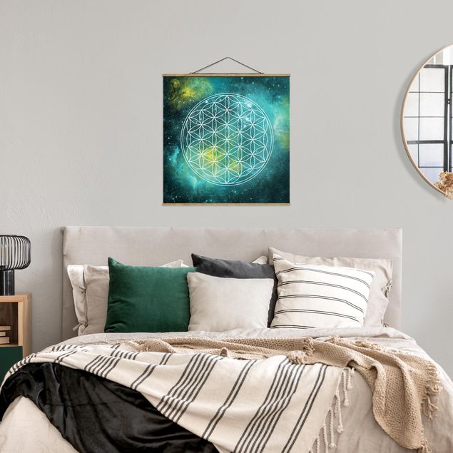 Fabric print with poster hangers - Flower Of Life In Starlight