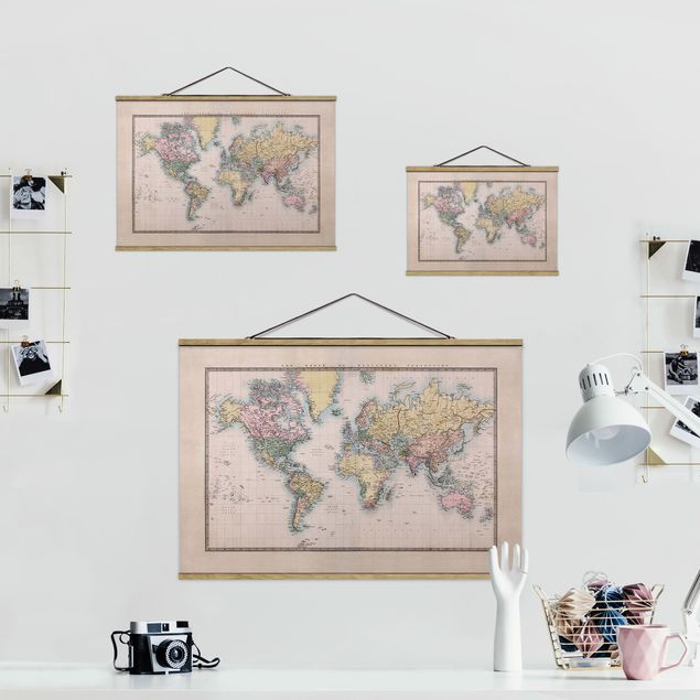 Fabric print with poster hangers - Vintage World Map Around 1850