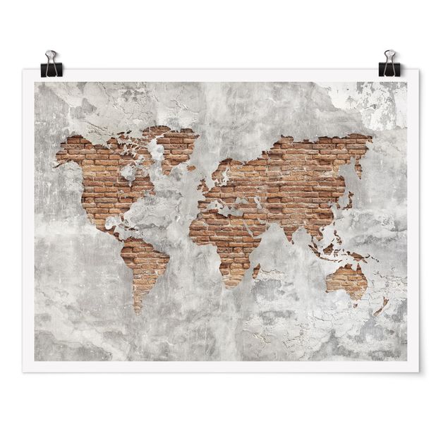 Poster - Shabby Concrete Brick World Map
