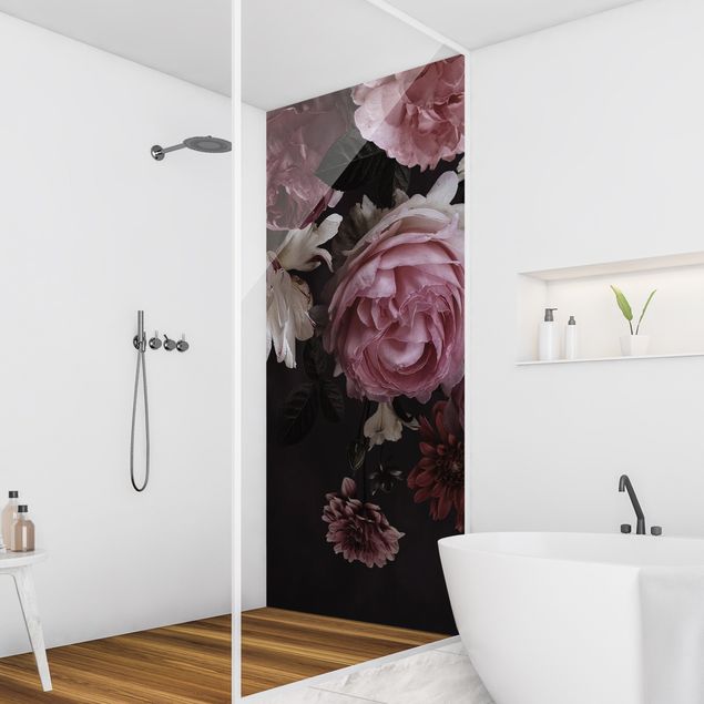 Shower wall panels Pink Flowers On Black Vintage