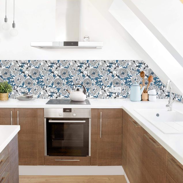 Kitchen splashback animals Peonies And Tomtits In White And Blue