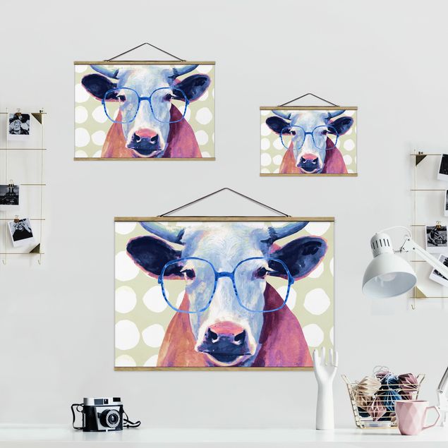 Fabric print with poster hangers - Animals With Glasses - Cow
