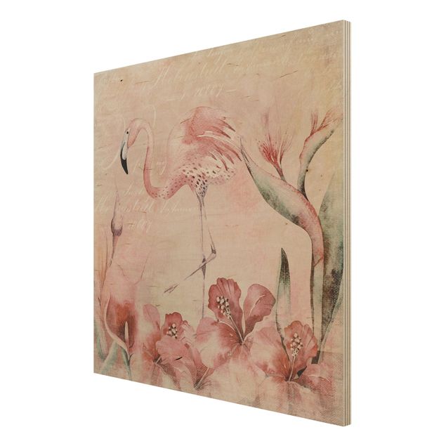Print on wood - Shabby Chic Collage - Flamingo