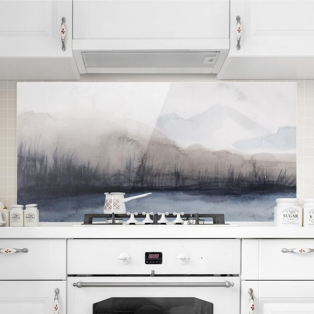 Glass splashback kitchen abstract Lakeside With Mountains II