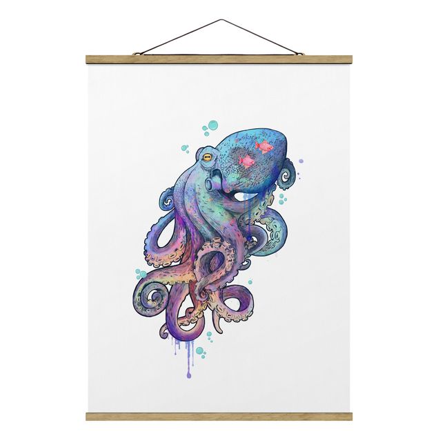 Fabric print with poster hangers - Illustration Octopus Violet Turquoise Painting