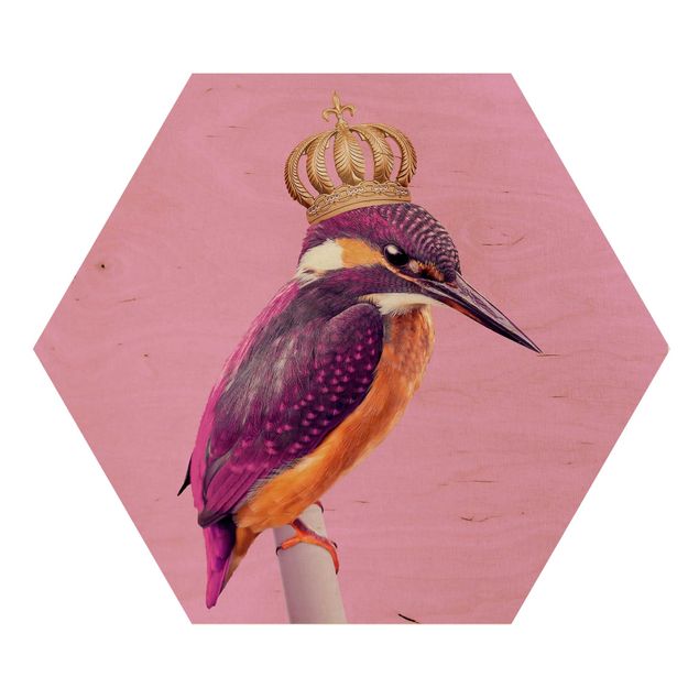 Wooden hexagon - Pink Kingfisher With Crown