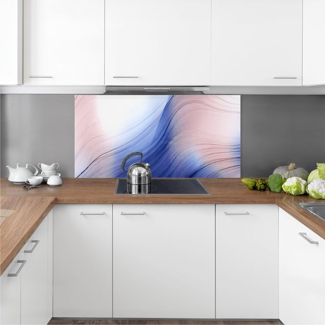 Glass splashback kitchen abstract Mottled Colours Blue With Light Pink