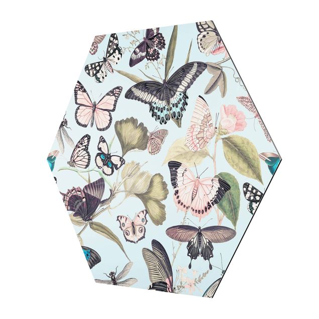 Alu-Dibond hexagon - Vintage Collage - Butterflies And Dragonflies