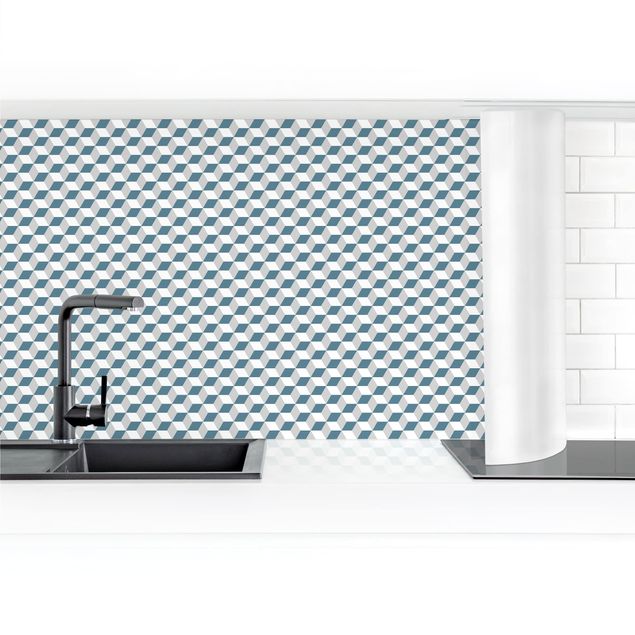 Kitchen wall cladding - Geometrical Tile Mix Cubes Blue Grey