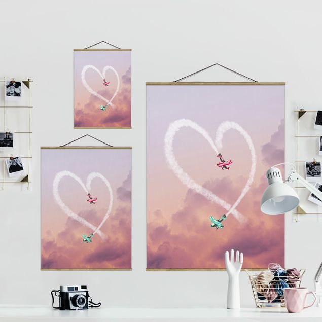 Fabric print with poster hangers - Heart With Airplanes