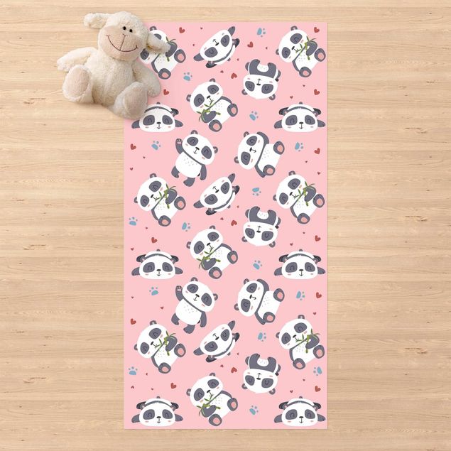 outdoor balcony rug Cute Panda With Paw Prints And Hearts Pastel Pink