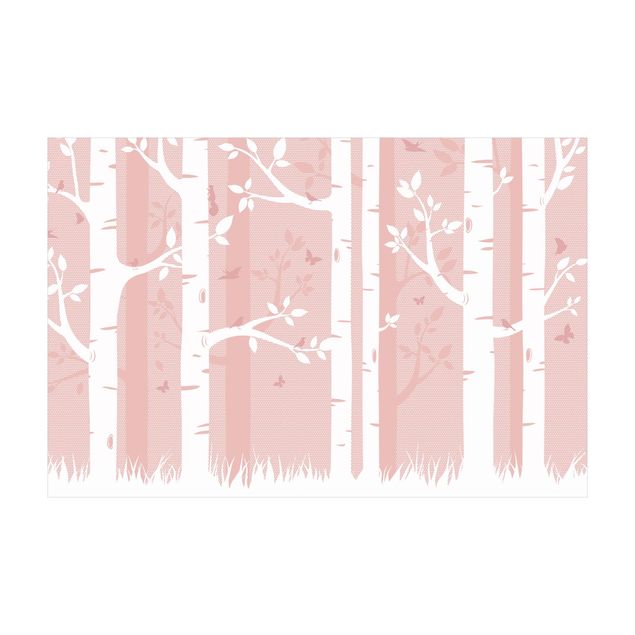 nature inspired rugs Pink Birch Forest With Butterflies And Birds