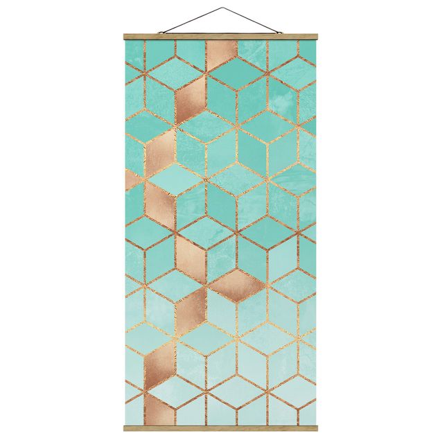 Fabric print with poster hangers - Turquoise White Golden Geometry
