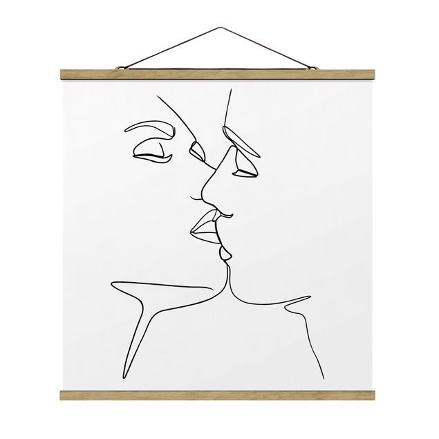 Fabric print with poster hangers - Line Art Kiss Faces Black And White