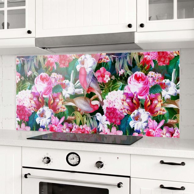 Glass splashback patterns Colourful Tropical Flowers With Birds Pink