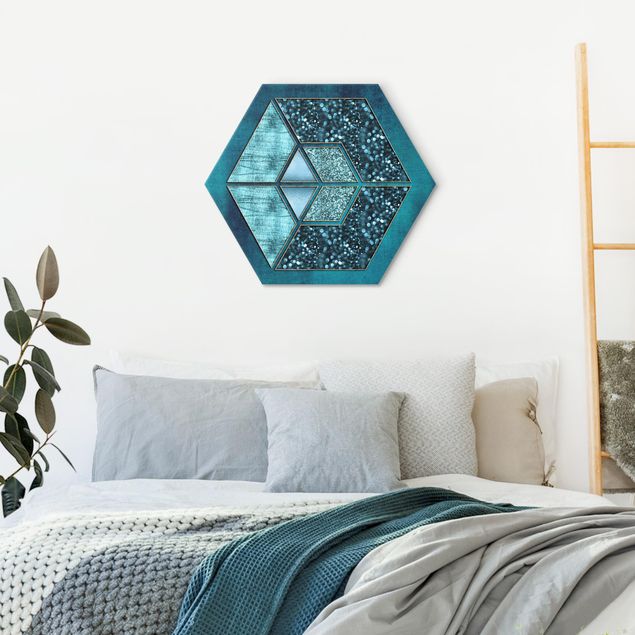 Alu-Dibond hexagon - Blue Hexagon With Golden Contour