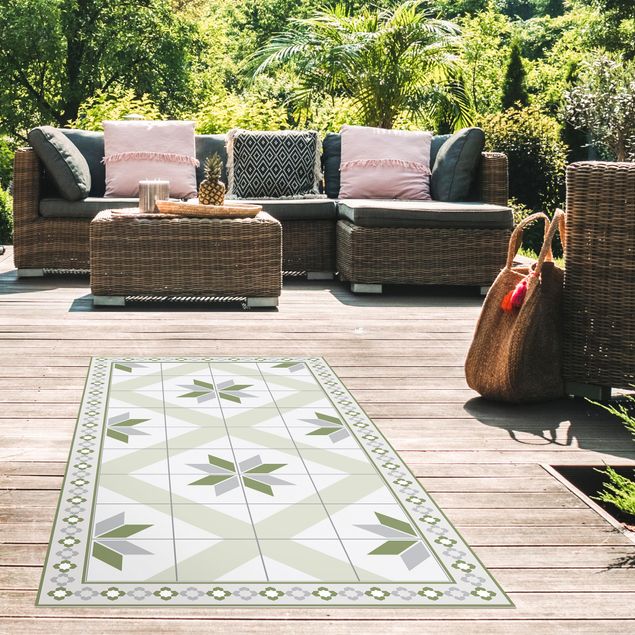 outdoor mat Geometrical Tiles Rhombic Flower Olive Green With narrow Border