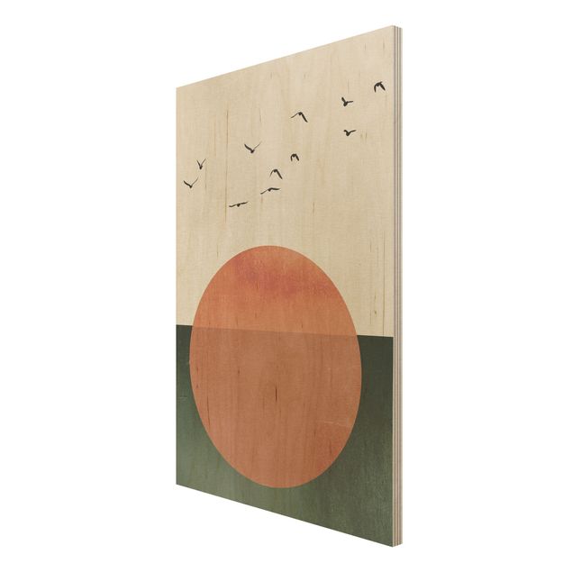 Print on wood - Flock Of Birds In Front Of Rising Sun