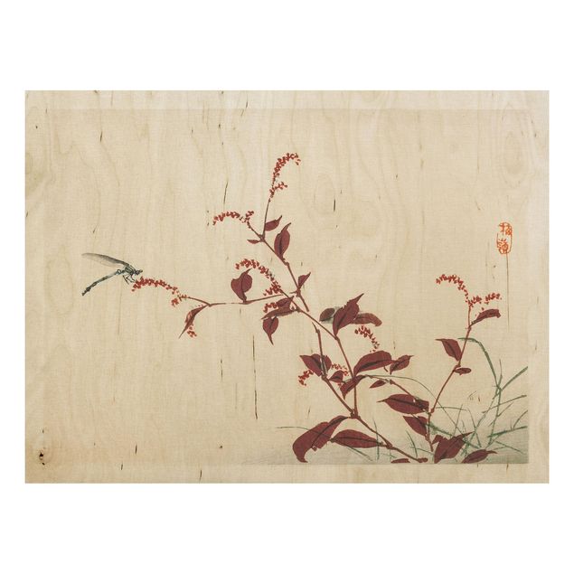 Print on wood - Asian Vintage Drawing Red Branch With Dragonfly