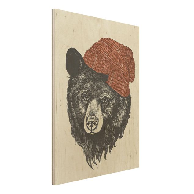 Print on wood - Illustration Bear With Red Cap Drawing