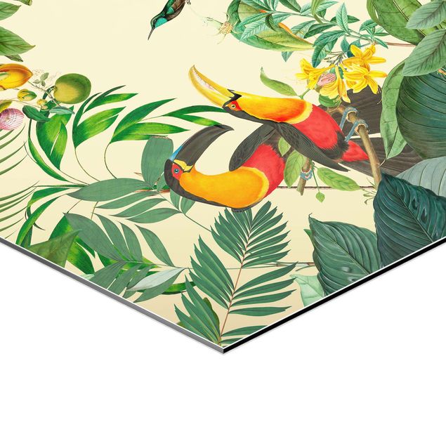 Alu-Dibond hexagon - Vintage Collage - Birds In The Jungle