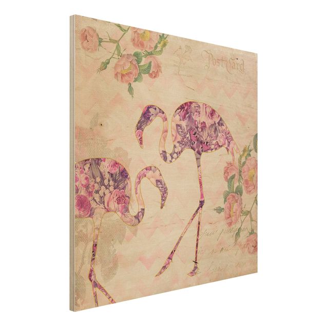 Print on wood - Vintage Collage - Pink Flowers Flamingos