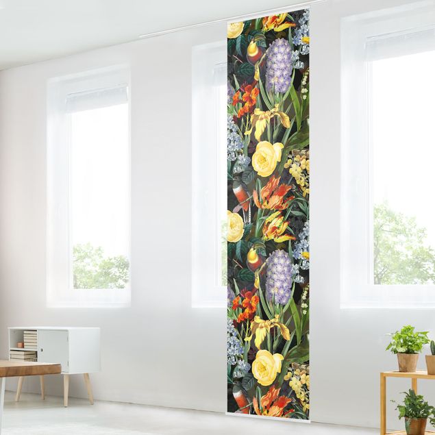 Sliding panel curtain - Flowers With Colourful Tropical Birds