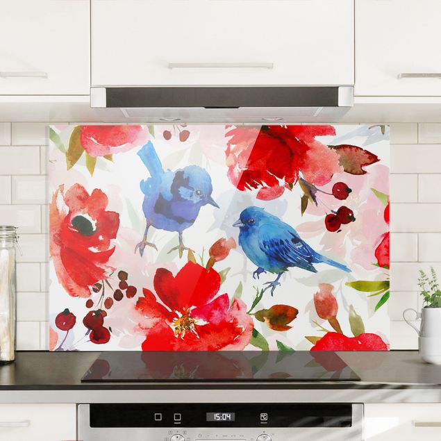 Patterned glass splashbacks Watercolour Birds In Blue And Pink