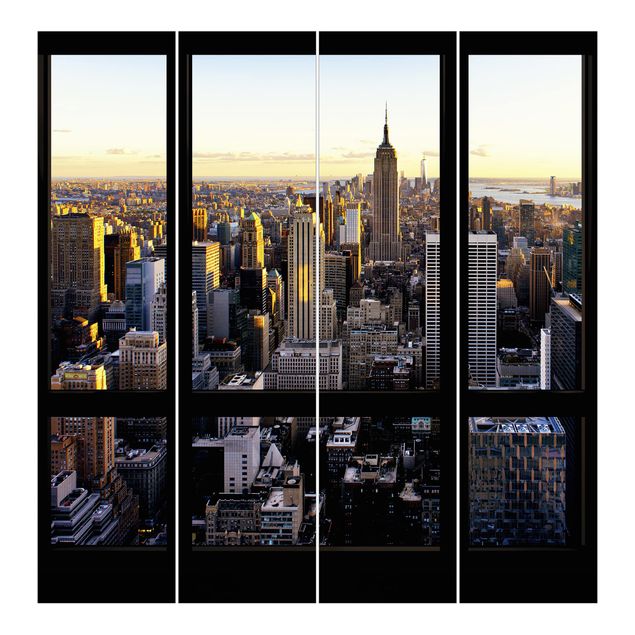 Sliding panel curtains set - Window View At Night Over New York