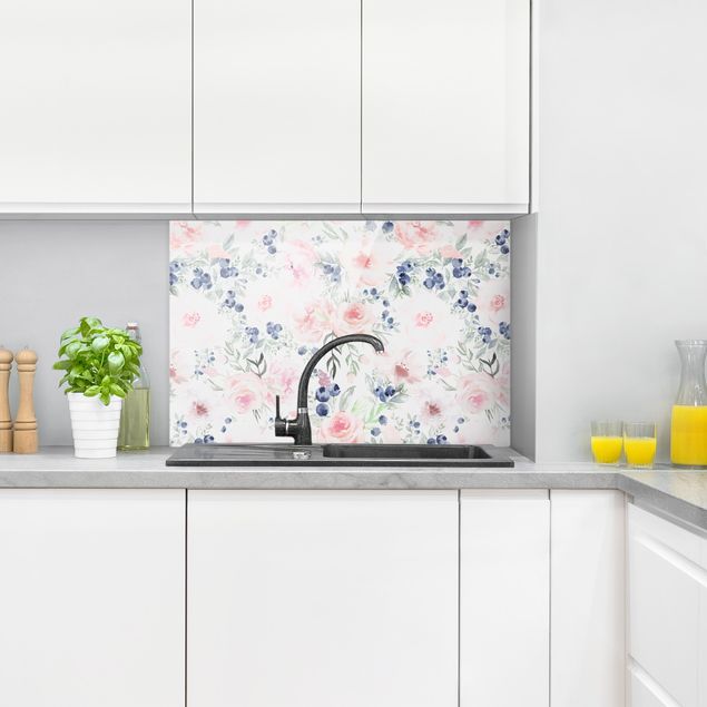 Glass splashback flower Pink Roses With Blueberries In Front Of White