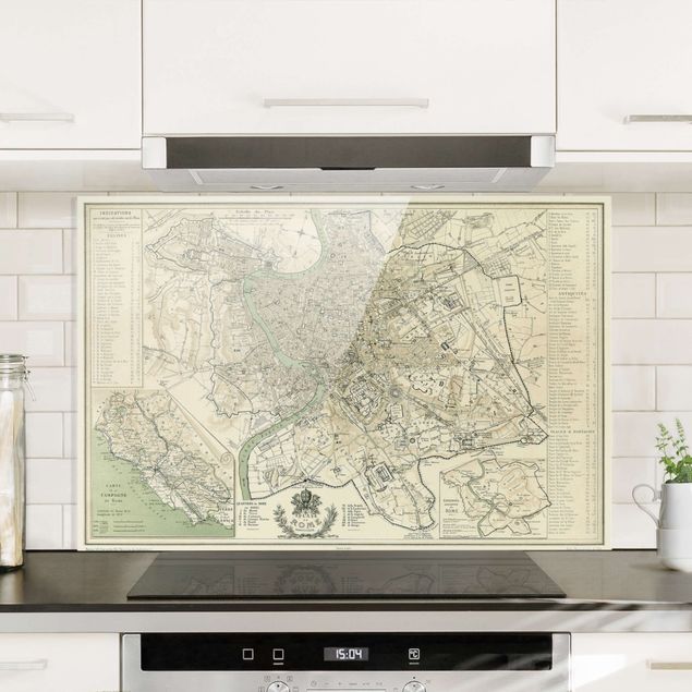 Glass splashback kitchen architecture and skylines Vintage Map Rome Antique
