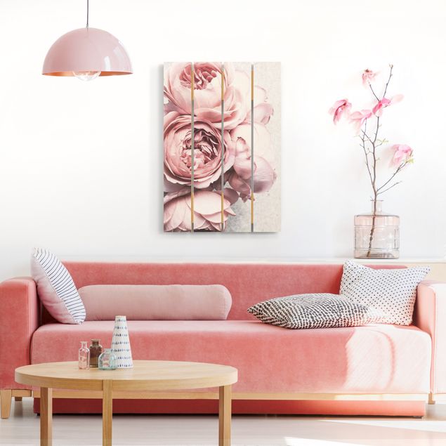 Print on wood - Light Pink Peony Flowers Shabby Pastel